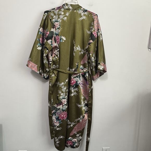 Oriental Silk Kimono Robe S/M Belted Green Peacocks Floral Romantic Satin Asian - Picture 8 of 10